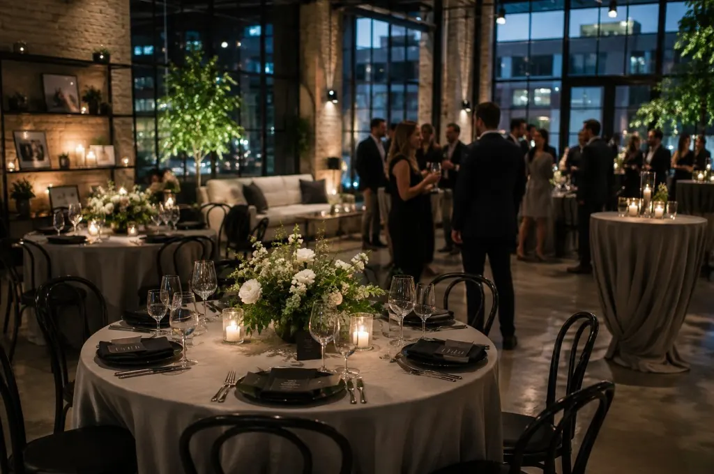 Candlelit evening reception with floral centerpieces and guests mingling