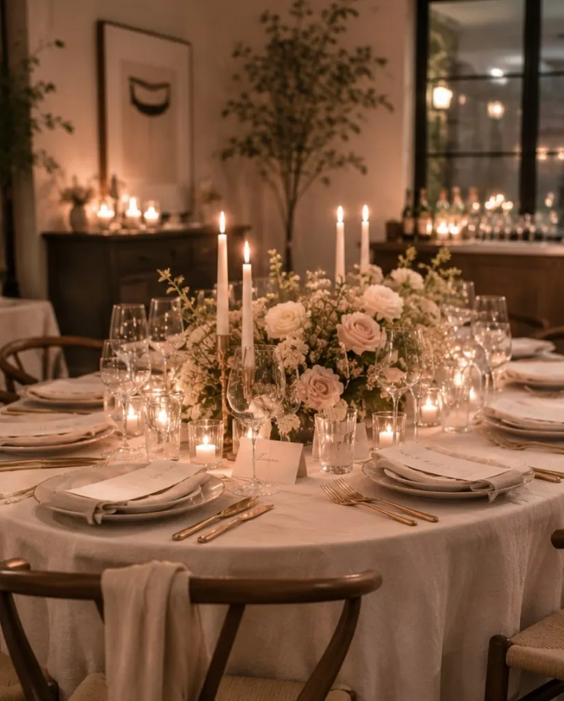 Private celebration tablescape with floral and candlelight detail