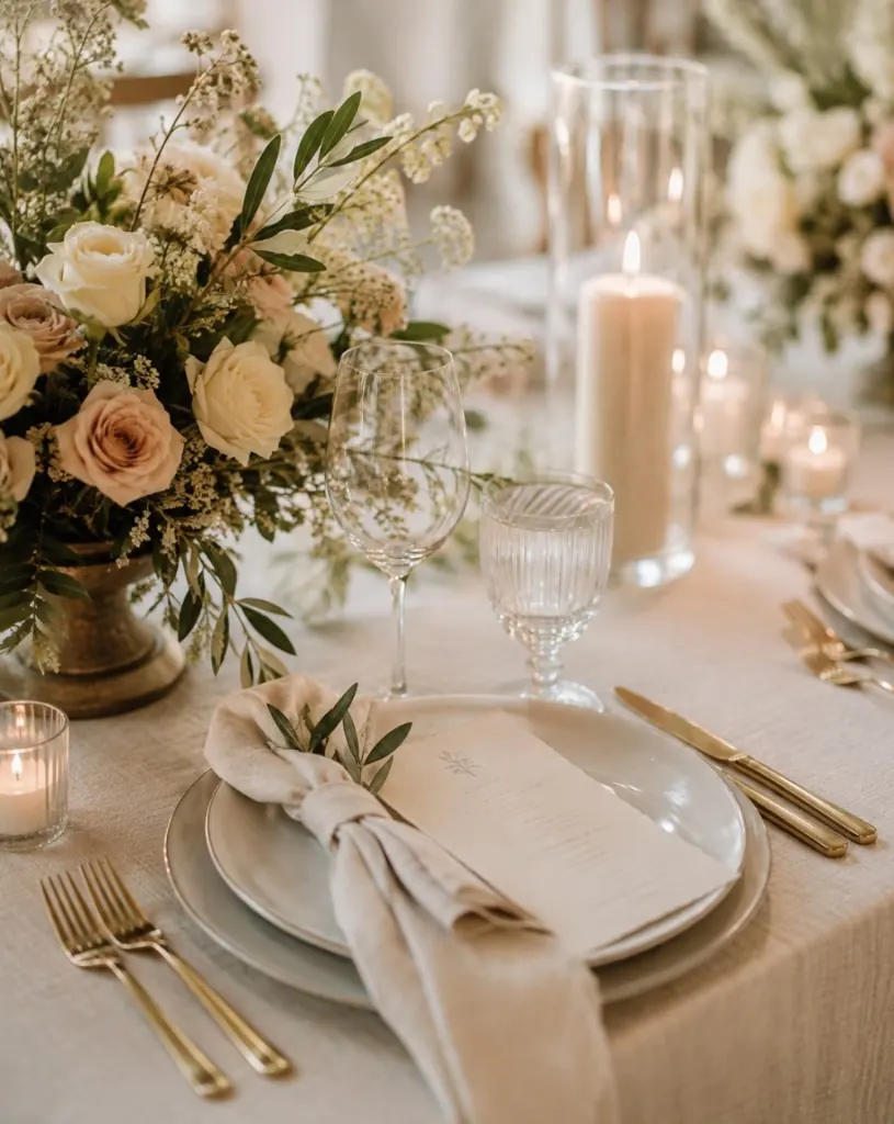 Close-up place setting with knotted linen napkin, olive sprig, and candlelit florals