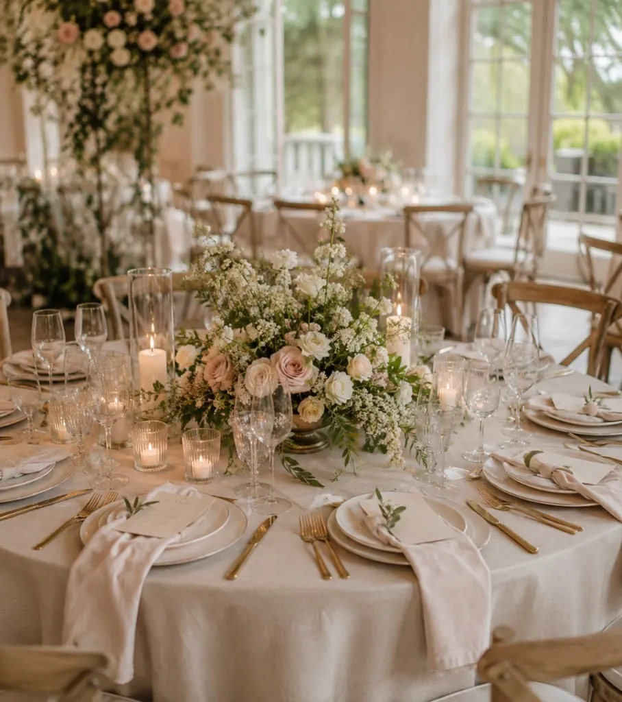Round tablescape with blush napkins, gold flatware, florals, and hurricane candles