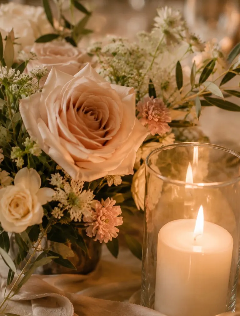 Close-up of florals and candlelight on a styled table
