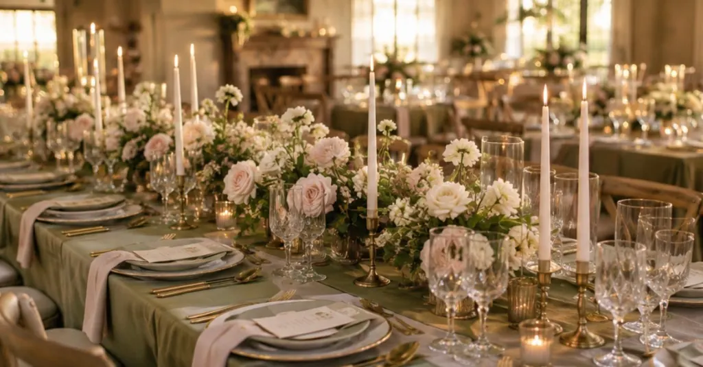 Candlelit tablescape with linen, blush florals, and layered place settings