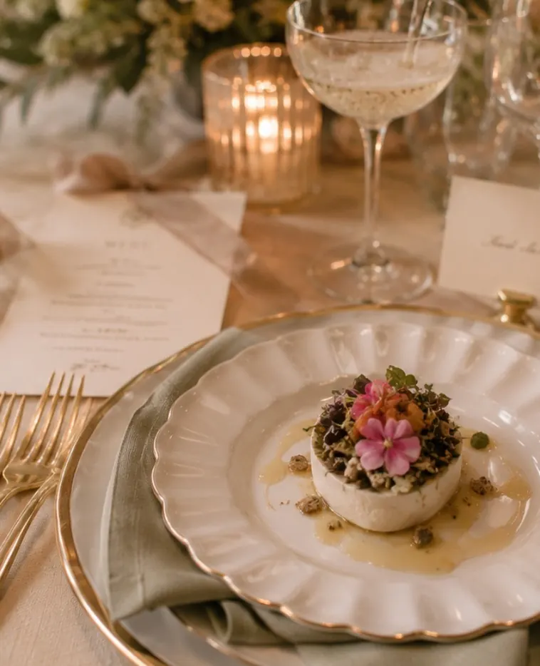 Elegant place setting with glassware and napkin detail