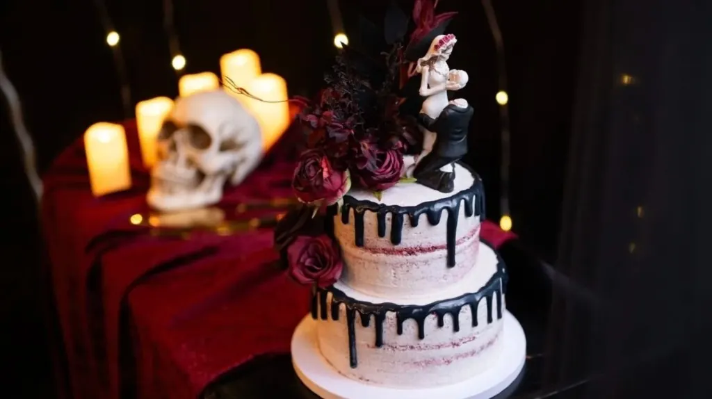 Two-tier naked wedding cake with black drip, burgundy florals, and skeleton bride and groom topper