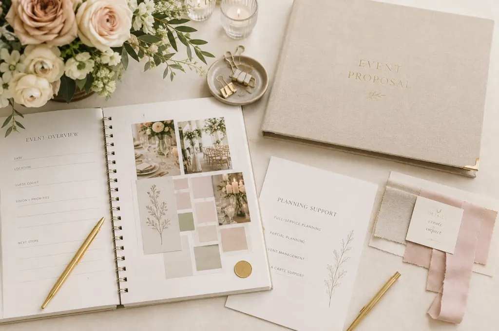 Event planning flat lay with proposal binder, open planner, florals, fabric swatches, and gold accents