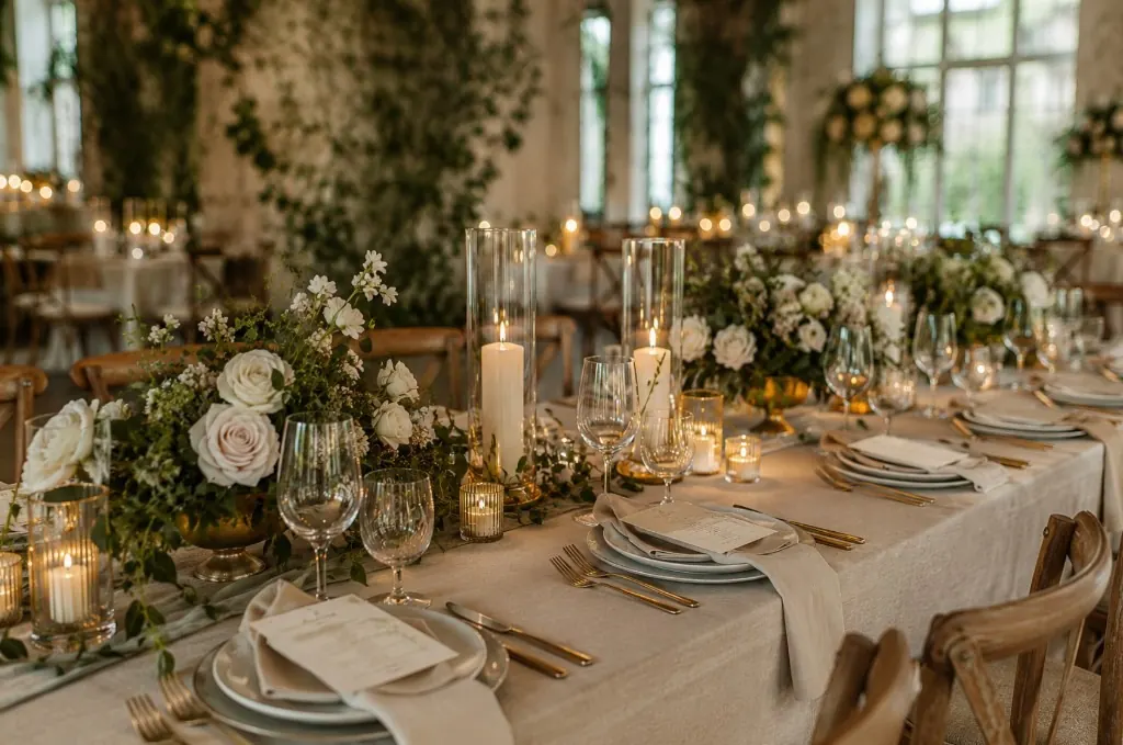 Candlelit wedding tablescape with linen, gold flatware, florals, and hurricane candles