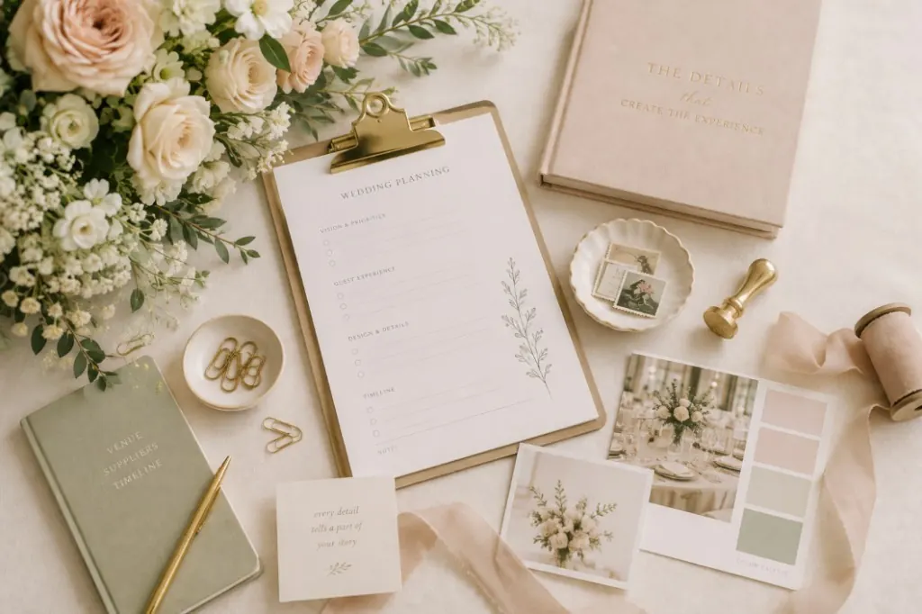 Wedding planning flat lay with checklist, florals, journals, color swatches, and gold accents